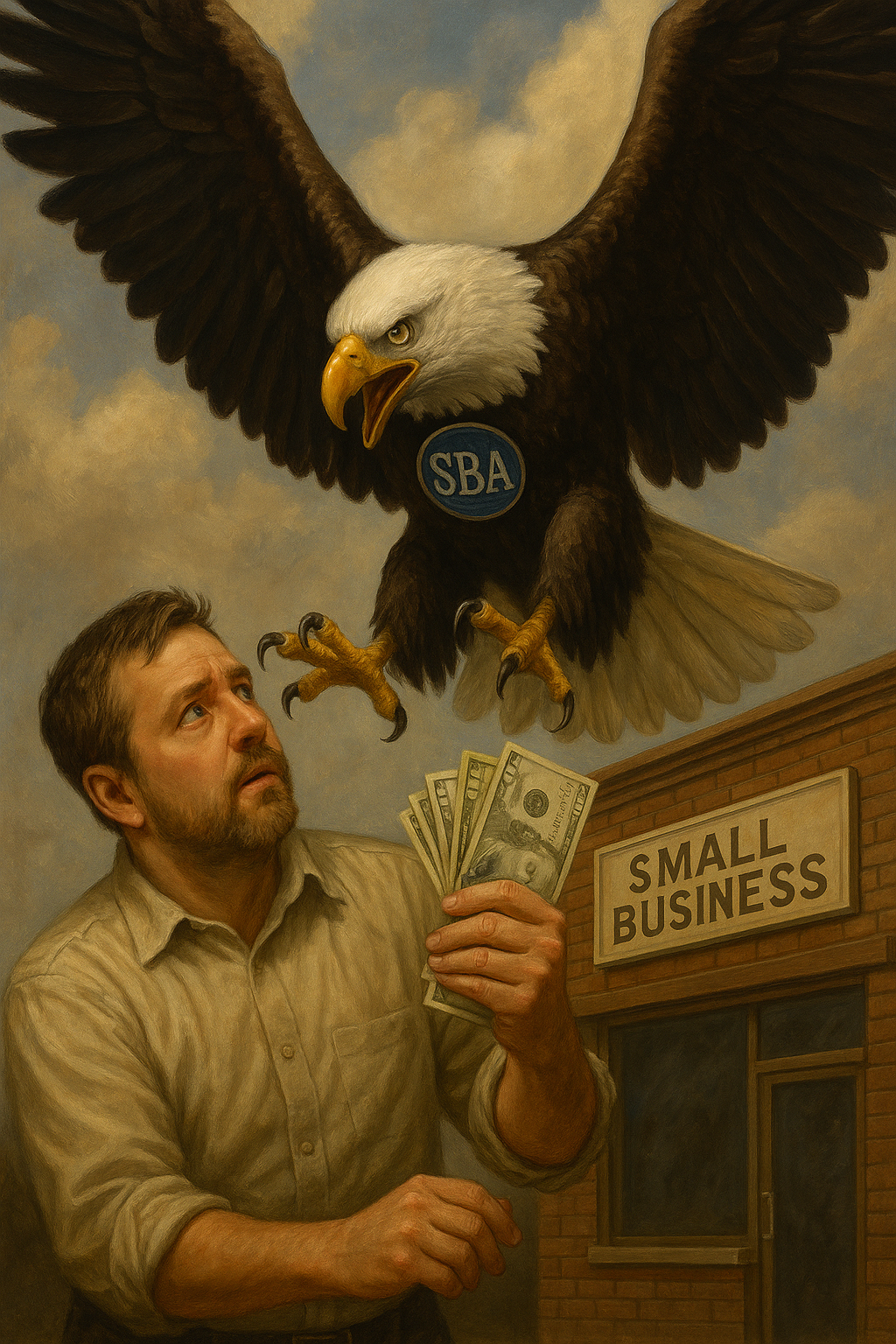 A menacing eagle with an SBA logo swooping down to grab money from a small business owner.