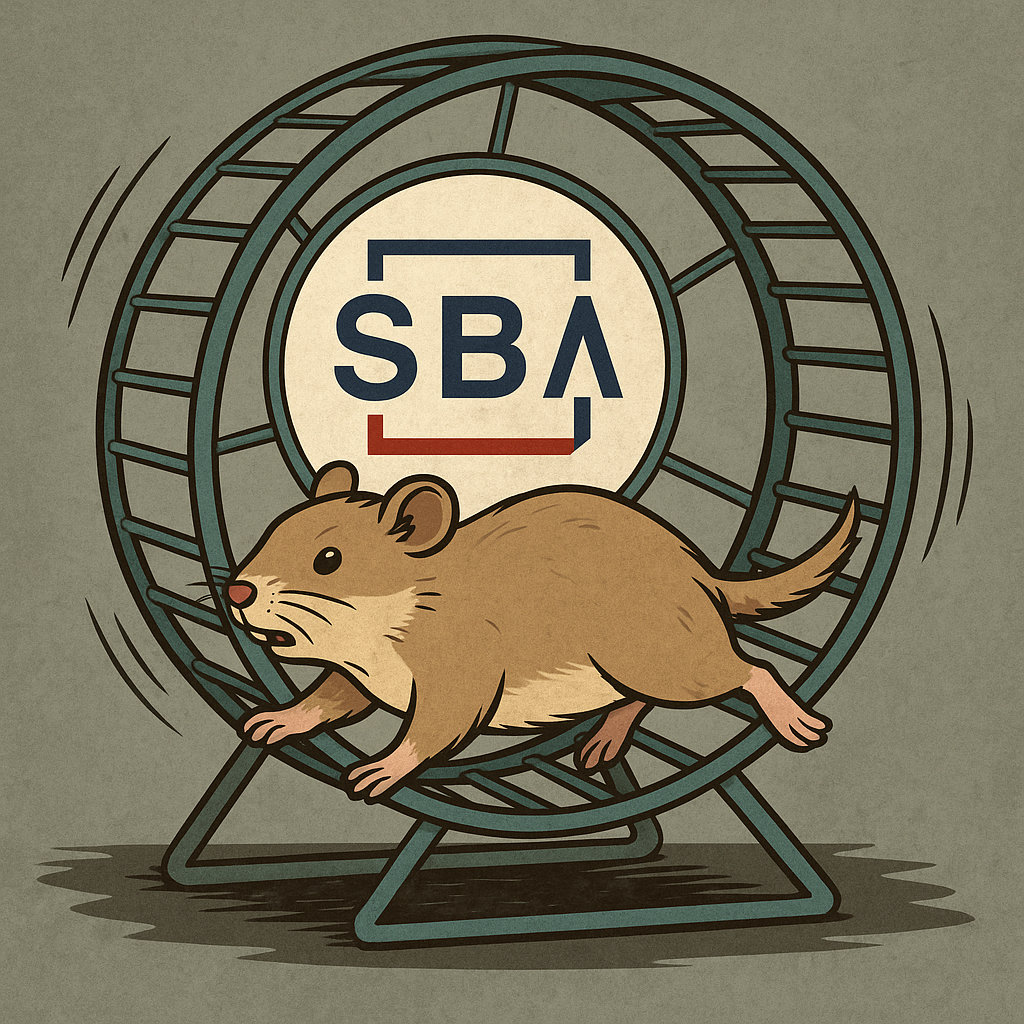 A hamster running on a wheel with the SBA logo, representing the endless and futile bureaucratic process of the SBA hardship accommodation plan.