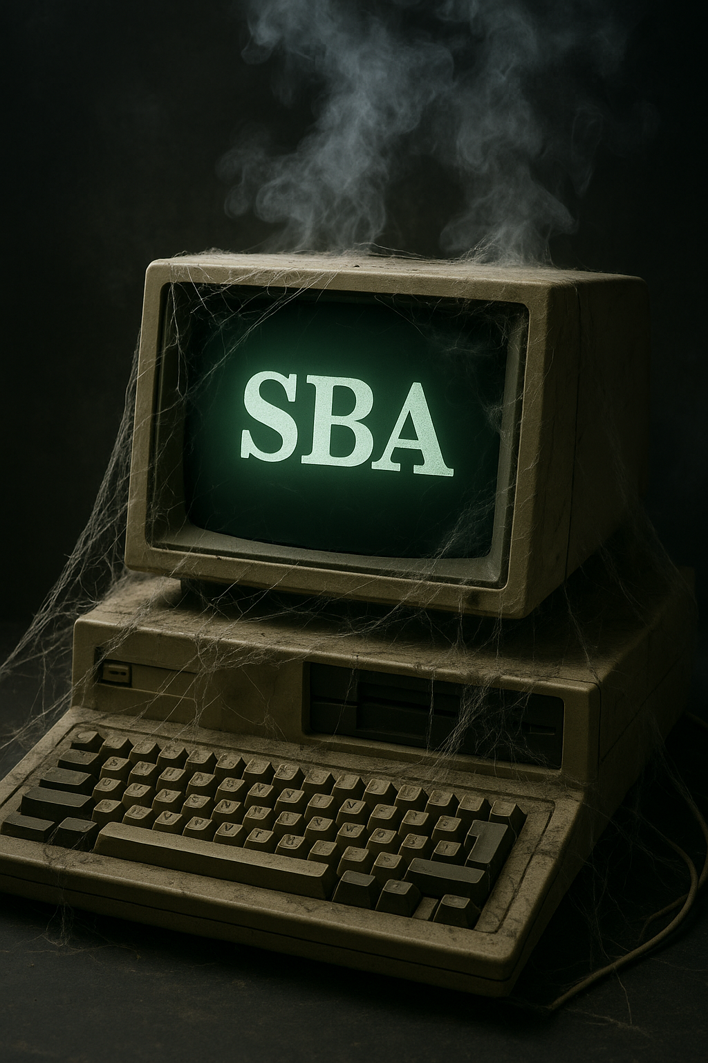An ancient, clunky 1980s computer with an SBA logo on the screen, covered in cobwebs and emitting smoke, symbolizing the SBA's outdated technology.
