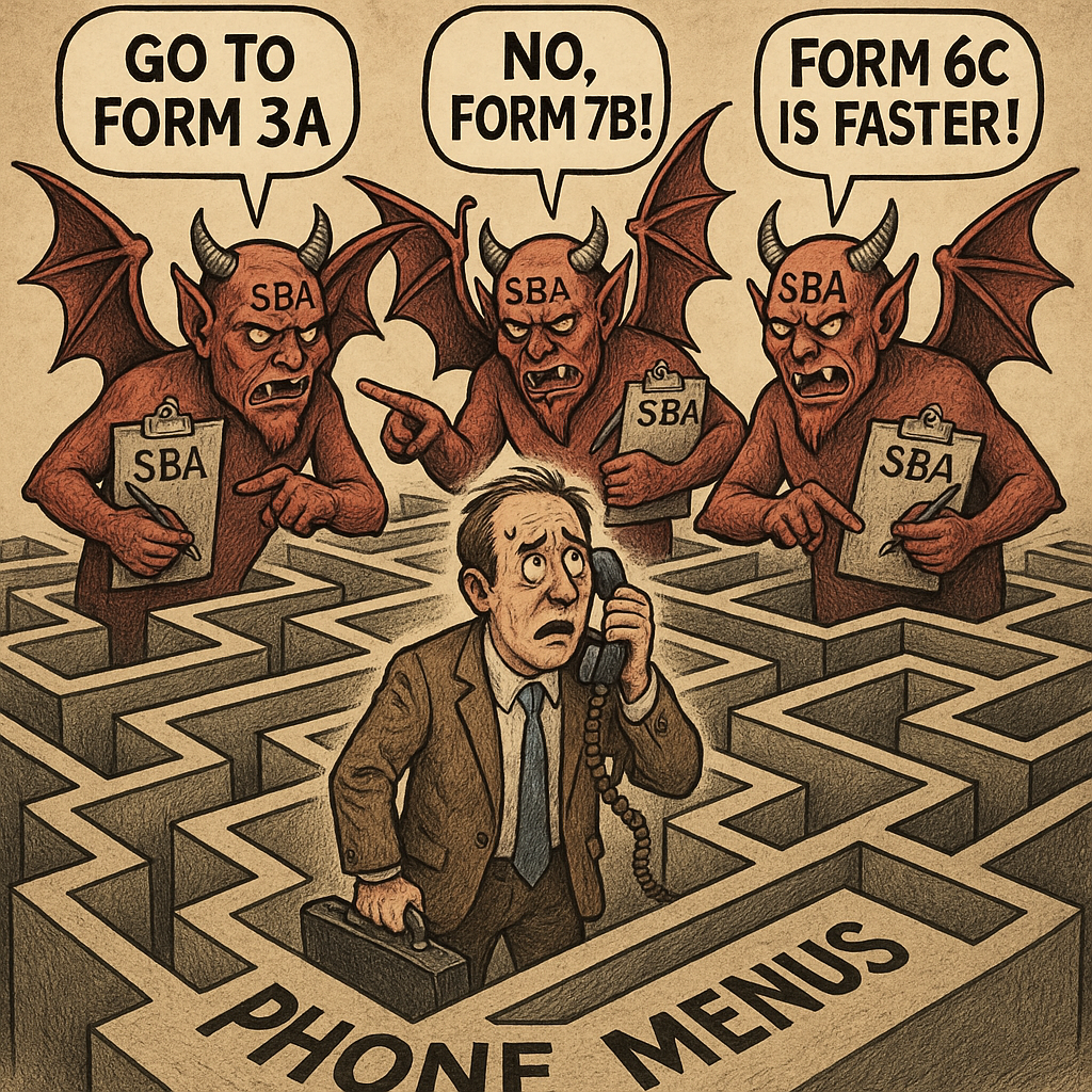 A businessman trapped in a maze of phone menus with SBA representatives as demons wielding clipboards and giving contradictory information.
