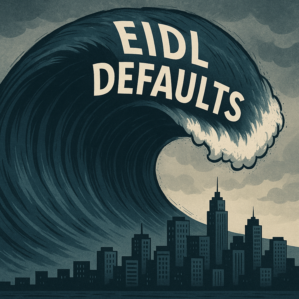 A massive, dark tidal wave labeled 'EIDL DEFAULTS' is about to crash over a small city skyline, representing the coming economic crisis.